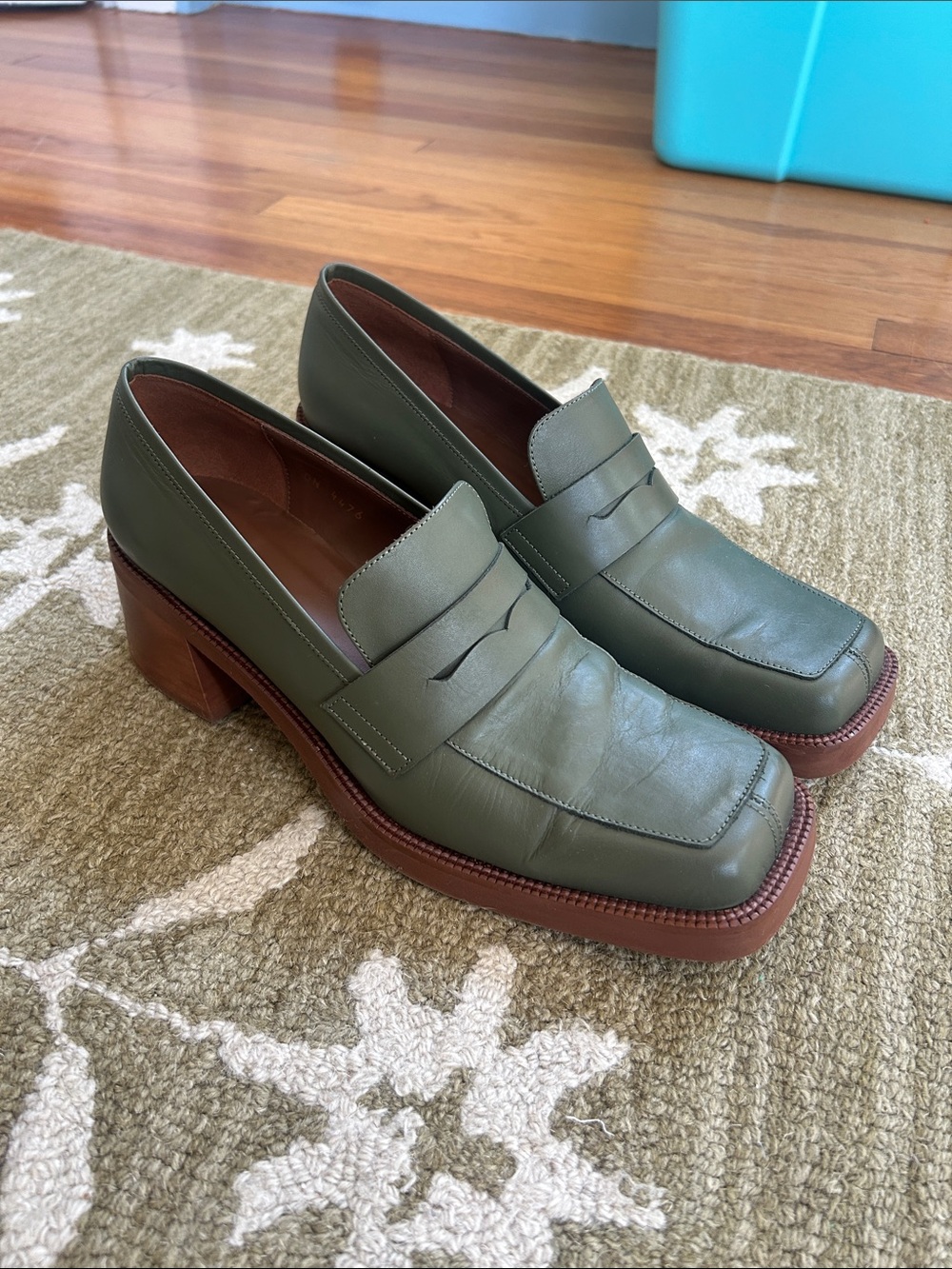 ALOHAS Roxanne Olive Green Leather Oxford Square Toe Loafer Heels Size 42